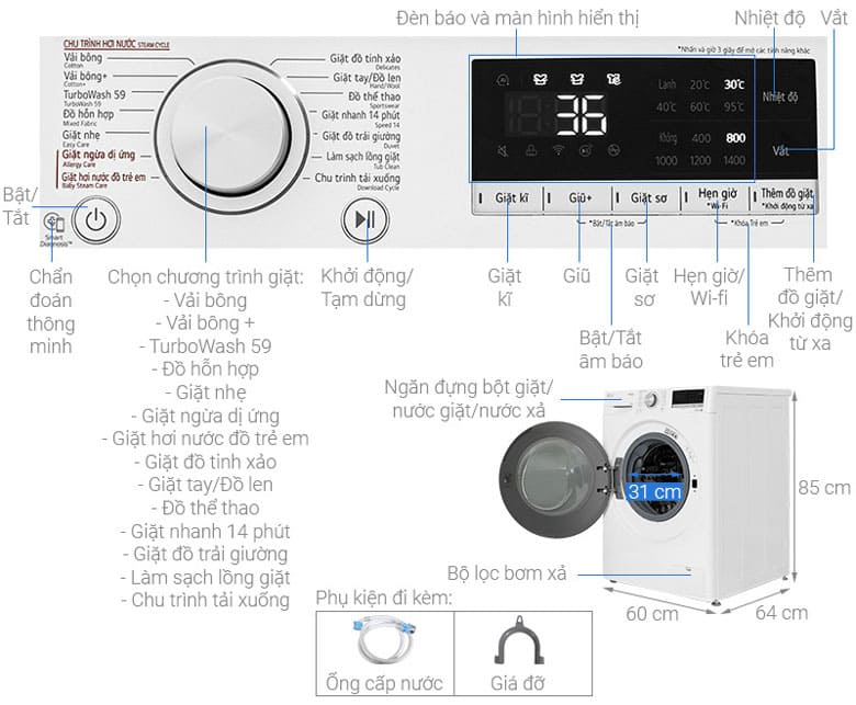 Máy giặt LG Inverter 13kg FV1413S4W lồng ngang - Kích thước thực tế