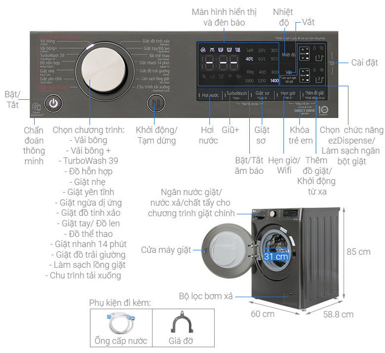 Máy giặt LG Inverter 12kg FV1412S3BA lồng ngang - Kích thước và cấu tạo