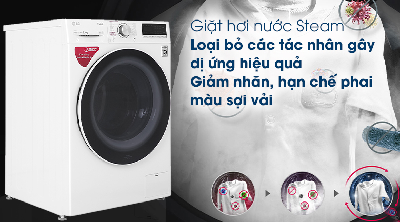 Công nghệ giặt hơi nước-Máy giặt LG AI DD 8.5 kg FV1408S4W lồng ngang